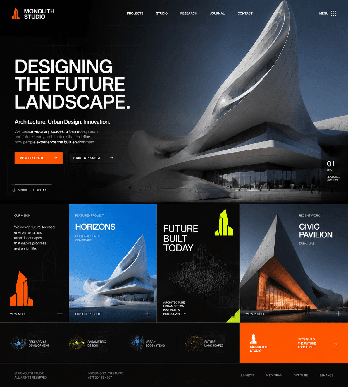 Website design concept (not a client site) for an architecture firm: futuristic buildings on a black and orange page