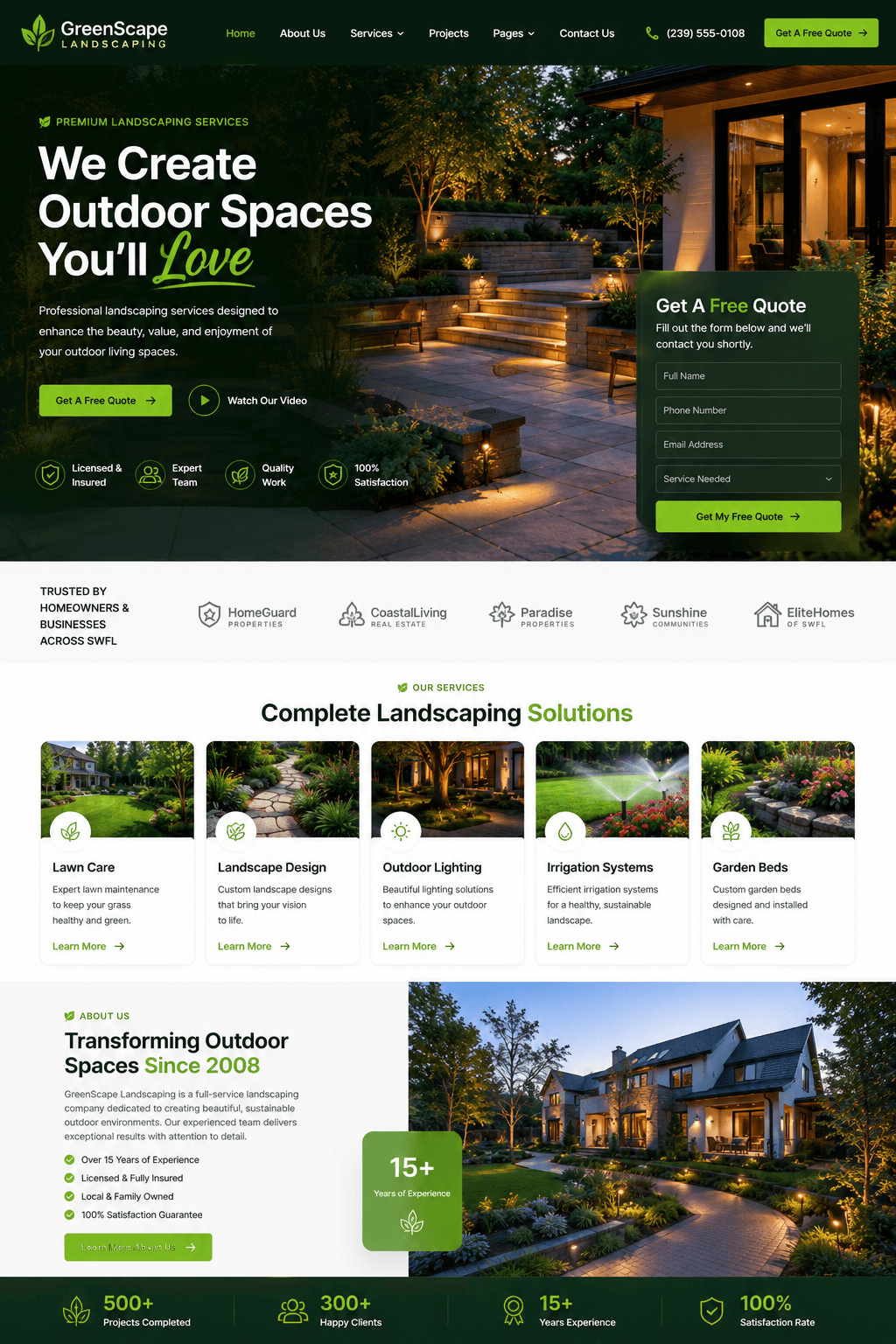 Website design concept (not a client site) for a landscaping company: a lit backyard patio at night next to a quote form