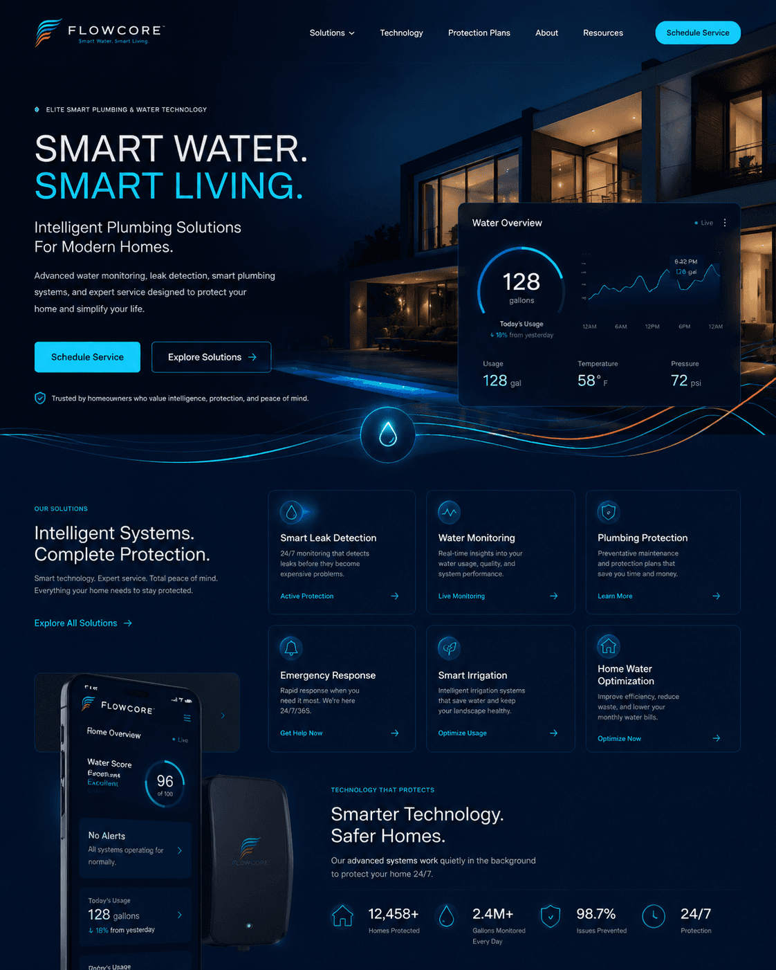 Website design concept (not a client site) for a plumbing company: a dark page with a water-monitoring app and a lit modern home