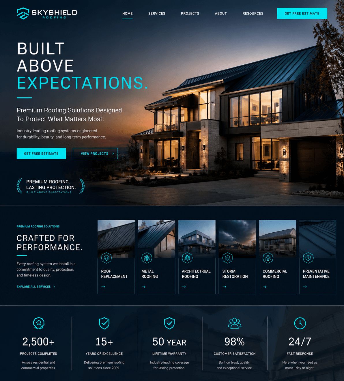 Website design concept (not a client site) for a roofing company: a modern home at dusk under the headline "Built above expectations", with roofing service cards