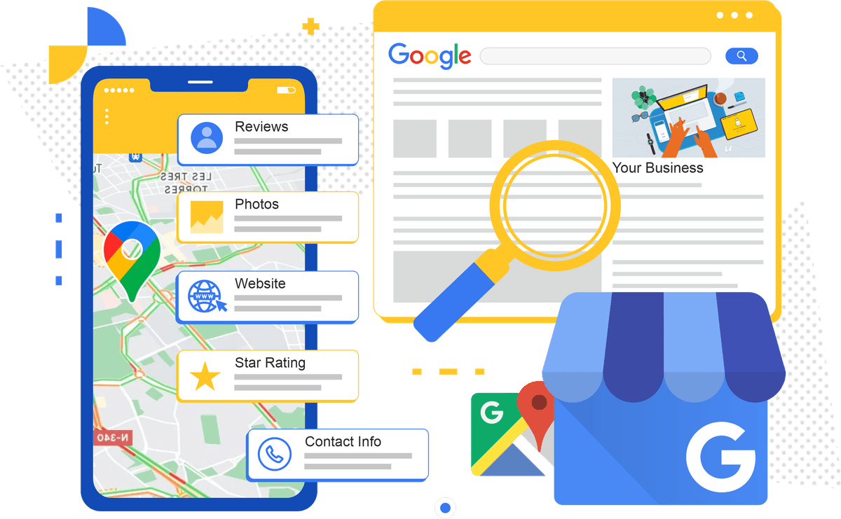 Google Business Profile listing with reviews, photos, and star rating