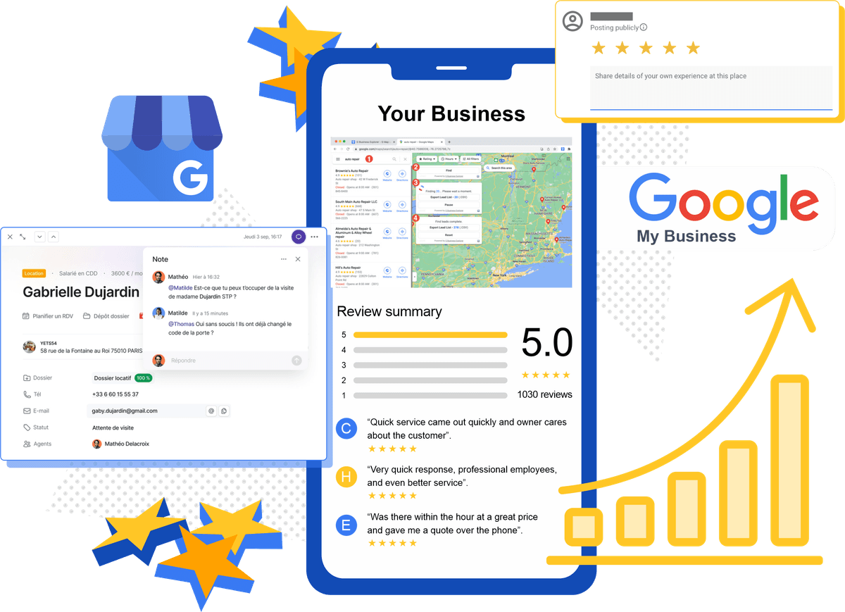 Dashboard showing a 5.0 star rating and growing review count