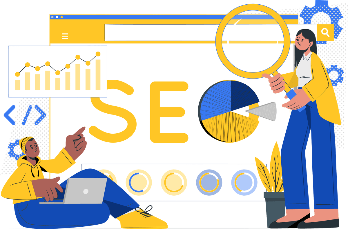 SEO analytics dashboard with traffic and ranking charts